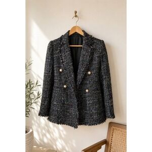 Black Bouclé Tweed Pearl Button Classic Blazer Structured Frayed Trim M